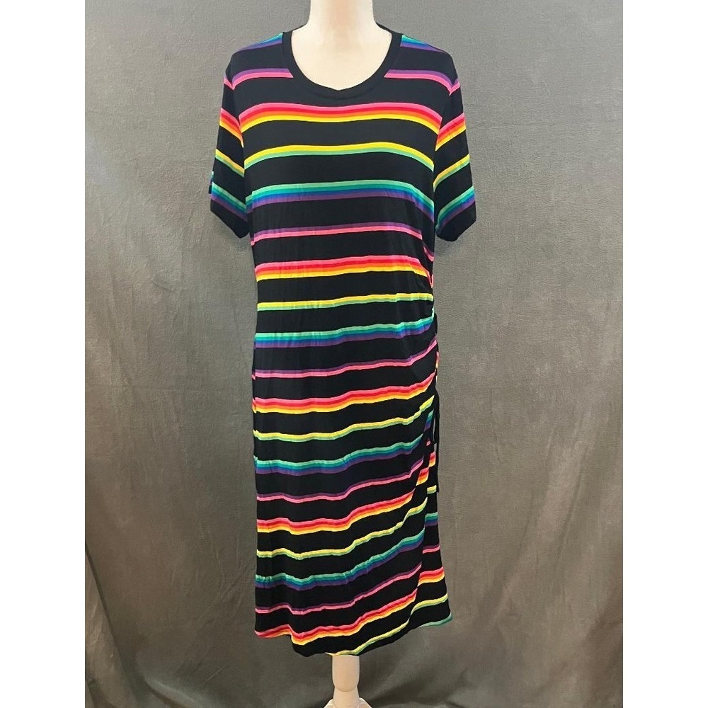 Torrid Super Soft Knits Rainbow Stripe Ruched Midi T-Shirt Dress Black 1X Plus
